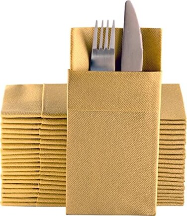 Moyes Home Gold Dinner Napkins Cloth Like with Built-in Flatware Pocket, Linen-Feel Absorbent Disposable Paper Hand Napkins for Kitchen, Bathroom, Parties, Weddings, Dinners or Events, Pack of 50.