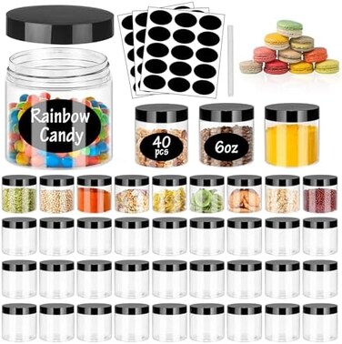 برطمانات بلاستيكية من SLifeJars سعة 6 أونصة مع أغطية سوداء، 40 قطعة، برطمانات بلاستيكية فارغة، برطمانات دائرية قابلة لإعادة التعبئة، برطمانات شفافة لحفظ السلايم، برطمانات تخزين بلاستيكية محكمة الإغلاق