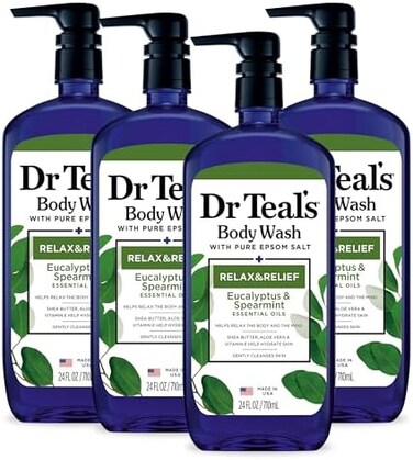 Dr Teal's Body Wash with Pure Epsom Salt, RelaxRelief with EucalyptusSpearmint, 24 fl oz (Pack of 4(Packaging May Vary.