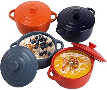 Jucoan 4 Pack Porcelain Ramekins with Lid, 8 oz Round Souffle Creme Brulee Dishes, Mini Casserole Dish for Baking, Oven Safe, 4 Colors.