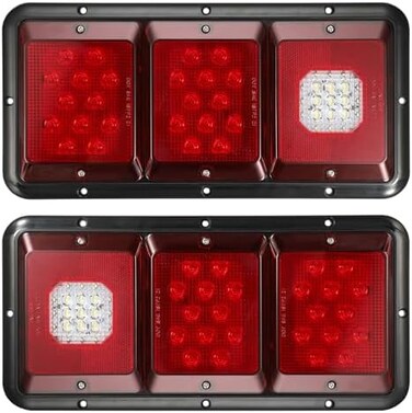 Partsam 2Pcs LED Triple Tail Lights 45 LEDs, Rectangle Vertical or Horizontal Mount LED Trailer Camper RV Tail Lights Stop Turn Tail Backup Reverse Lights Taillights w/Black Base - Red/Clear Lens.