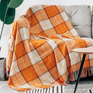 LALIFIT Decorative Faux Cashmere Throw Blankets Soft Fluffy Classic Orange Plaid Fringe Throw Blanket with Tassels Cozy Lightweight for Home Couch Sofa Farmhouse Halloween Decor 50" x 60" (Pumpkin.