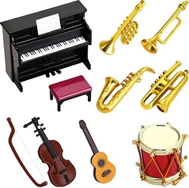 Skylety Dollhouse Miniature Musical Instrument Set in 1:12 Scale, Mini Dollhouse Musical Instrument Model Includes Violin Piano Trumpet Saxophone Electric Guitar, Model Accessory F.