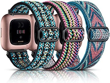 Maledan 3 Pack Elastic Band Compatible with Fitbit Versa/Fitbit Versa Lite/Fitbit Versa 2 Bands for Women Men, Adjustable Stretchy Nylon Solo Loop Strap Wristbands, Boho Green/Green Arrow/Colorful.