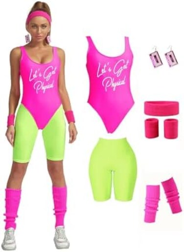 MIAIULIA Womens 80s Workout Costume Outfit 80s Accessories Set Leotard Neon Legging Headband Wristbands Set.
