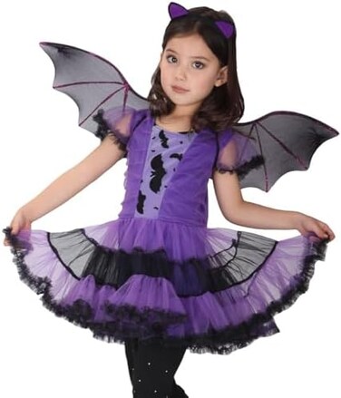 EOZY Girls Bat Vampire Costume Kids Halloween Clothes Animal Cosplay Purple Dress.
