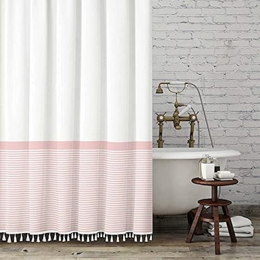 Seasonwood Shower Curtain Tassel, Modern Farmhouse Tassel Pink Striped Shower Curtain with Tassels for Bathroom Decor, 72x72.
