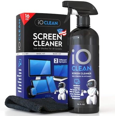 iO CLEAN Screen Cleaner Spray (16oz - 473ml&ndash; Best Large Cleaning Kit for LCD LED OLED TV, Smartphone, iPad, Laptop, Touchscreen, Computer Monitor, Electronic Devices, Microfiber Cloth Wipes and 2 Nozz