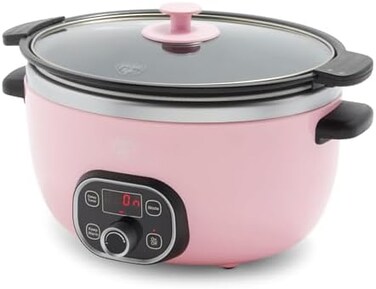 GreenLife Cook Duo Healthy Ceramic Nonstick Programmable 6 Quart Family-Sized Slow Cooker, PFAS-Free, Removable Lid and Pot, Digital Timer, Adjustable Tempature Control, Dishwasher Safe Parts, Pink.