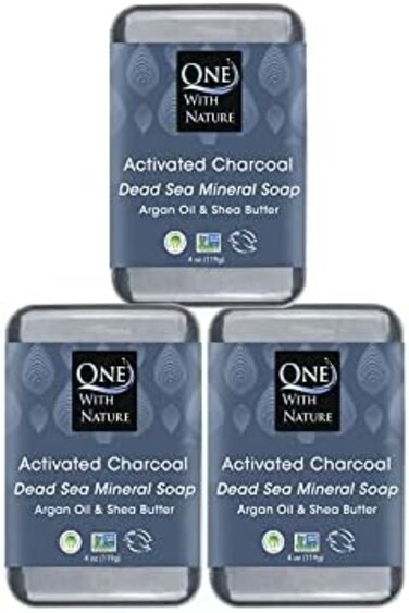 One With Nature Dead Sea Salt Activated Charcoal Soap 4oz 3Pk-Dead Sea Salt for Face and Body Contains Magnesium, Sulfur and 21 Essential Minerals, Soap for Eczema, Plant-based.