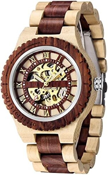 BOSIN Men's Wooden Watch Skeleton Automatic Movement Wood Watch Self-Winding Watches for Men.