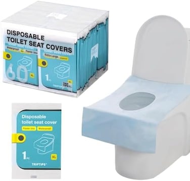 TRIPTIPS Toilet Seat Covers Disposable Travel Pack 60 count｜Faster use-Sticker free｜Waterproof｜XL Disposable Toilet Seat Cover for Adults and Kids, Individually for Public Restroom/Airplane/Outdoors.