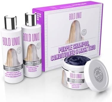 Bold Uniq Purple Shampoo, ConditionerMask Trio Gift Set. Removes Brassy Yellow Tones. Lightens Blonde, Platinum, Ash, SilverGrays. ParabenSulphate Free. PETA Approved Cruelty-free and 100% Vegan.