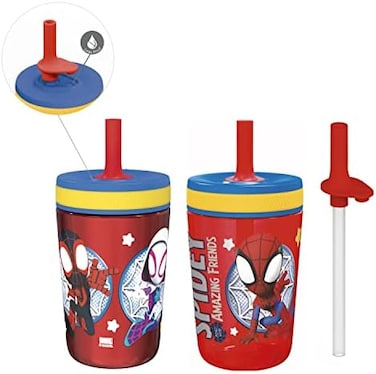 طقم أكواب كيلسو من تصميمات زاك، سبايدي وأصدقاؤه المذهلون، غطاء لولبي مانع للتسرب مع ماصة، مجموعة للأطفال تتضمن أكواب بلاستيكية وأخرى من الفولاذ المقاوم للصدأ مع ماصة إضافية، طقم من 3 قطع، خالٍ من مادة