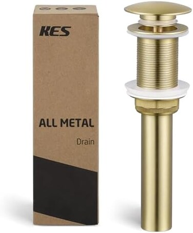 KES Sink Drain Without Overflow Bathroom Pop Up Drain Assembly Stopper Vessel Sink Brushed Gold All Metal Rustproof Brass and 304 Stainless Steel, S2008D-BZ.
