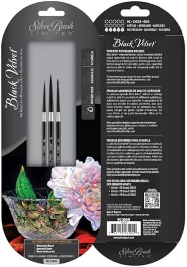 Silver Brush Limited WC-3204s Black Velvet Watercolor Round Set, Set of 3, Sizes 0, 2, and 4 Round Paintbrushes, Short Handle.