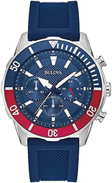 Bulova Men's Sport 6-Hand Chronograph Quartz Watch with Silicone Strap, 24 Hour Time, Calendar Date, Luminous Hands and Markers, 100M Water Resistant, 44mm.