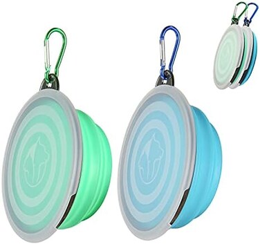 SLSON Collapsible Bowl with Cover Lids,2 Pack Dog Travel Bowls Portable Foldable Cat Water Dish Bowl for Pets Walking Parking Camping (Light Blue and Green, Small.