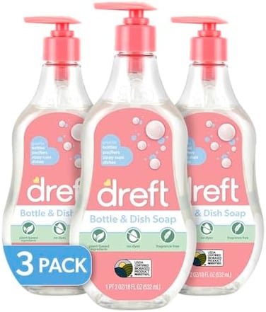 Dreft Baby, Bottle and Dish Soap, Removes Milk FilmOdor, Plant Based, Fragrance Free, 18 Fl Oz (Pack of 3, 54 Total Ounces.