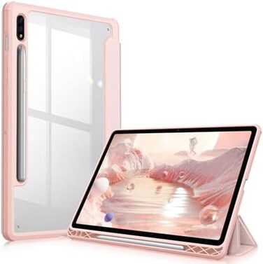 جراب Fintie Hybrid Slim لجهاز Samsung Galaxy Tab S8/Tab S7 مقاس 11 بوصة (موديل SM-X700/X706/T870/T875/T878 مع حامل قلم S Pen، غطاء مقاوم للصدمات مع غطاء خلفي شفاف، لون ذهبي وردي).