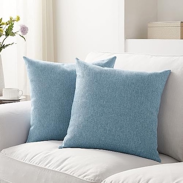 Meekio Set of 2 Light Blue Pillow Covers 18 x 18 Inch Farmhouse Boho Decorative Throw Pillow Covers Linen Cushion Covers for Sofa Couch D&eacute;cor.