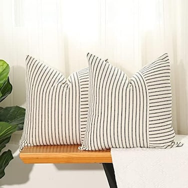 Hckot Black and Beige Patchwork Farmhouse Throw Pillows Covers 18 x 18 Inch, Pack of 2 Striped Decorative Pillow Case for Sofa Couch Bed Chair Modern Boho Decor(Black.