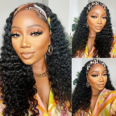 Lauberita Headband Wig Human Hair Wigs 18 Inch Wear and Go Glueless Wig Curly Deep Wave Headband Wig Natural Color.