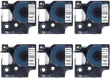 Fanooma Compatible 18443 Rhino Vinyl Industrial Label Tape Replacement for DYMO Rhino Pro 4200 5200 5000 6000 Machine, 6Pcs Permanent Labeling Maker Tape 9mm Refills, Black on White, 3/8 Inch x 18 Ft.