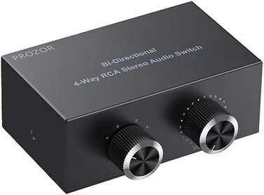 PROZOR RCA Audio Switcher 4(1-In-1(4-Out with Volume Control and Selection Button 4 Way Bi-Directional RCA Switcher Gold-Plated Interface Speaker Switch Box with 1. 5m/4. 9ft RCA Cable for Speaker DVD