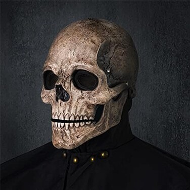 RRANYF Creepy Halloween Full Head Skull Mask with Movable Jaw, Adult Entire Head Realistic Latex Helmet, Scary Skeleton.