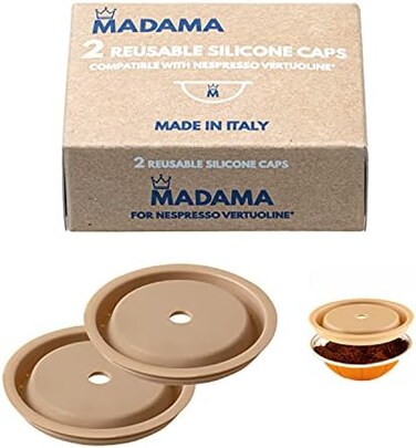 MADAMA - Reusable cap for Nespresso Vertuo and VertuoLine caps, refillable and compatible. Food grade silicone. 100% Made in Italy. Pack of 2.