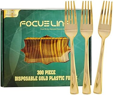 FOCUSLINE 300 Pack Disposable Gold Plastic Forks, Solid and Durable Plastic Cutlery Forks, Heavy Duty Disposable Utensil Silverware for Catering, Parties, Dinners, Weddings.