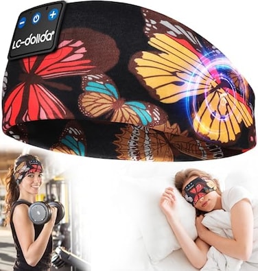 LC-dolida Sleep Headphones Headband Bluetooth 5. 4, Sports Headband Earphones Wireless with Speaker Microphone USB C for Sleeping Gift Workout Jogging Yoga Insomnia Travel Meditation, Butterfly.