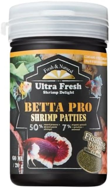 Ultra Fresh Betta Fish Food, Betta Pro Shrimp Patties, 50% Sword PrawnsAkiami Paste Shrimps, All Natural Protein, Rich in Calcium, for Betta's Healthy Development and Cleaner Water, 0. 7 oz.