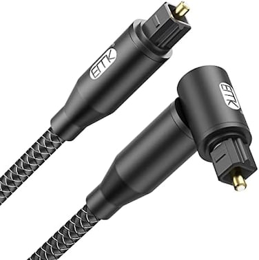 EMK 90 Degree Optical Audio Cable Right Angle Nylon Braided Optical Cable 360 Degree Rotatable Digital Optic Toslink Cable for Sound Bar, TV, PS4, Home Theater (6 Feet/2M, 90 Degree Optical, Black.