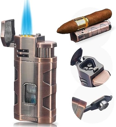 PROMISE Torch Lighter Triple Jet Flame Refillable Butane Cigar Lighter Windproof Lighter with Cigar Punch Rest Holder - Butane Not Included (Red Copper.
