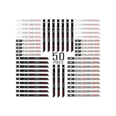 MRCGTCE 50PCS U-Shank Jigsaw Blades Set with Storage Case, Contractor Assorted HCS/HSS Jig saw Blades for Wood, Plastic and Metal Cutting, 6T 8T 10T 12T 20T 21T.