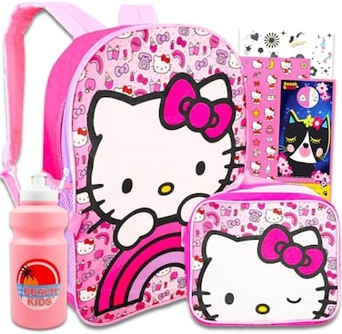 Sanrio Hello Kitty Backpack With Lunch Bag For Girls, Kids ~ 5 Pc Bundle With 16 inches School Bag, 2000Stickers, Page Clips, And More (Hello Kitty School Supplies Stuff, Ackpack Plush Lunch Bag,.