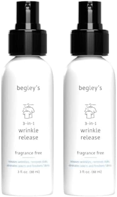 Begley's 3-in-1 Wrinkle Remover, Quick Fix Wrinkle Release, Static Cling Remover, Odor Eliminator and Fabric Refresher Spray - USDA Certified Biobased - Fragrance-Free, 3 oz Travel Size.