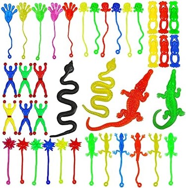 PORAFUK 46 Pieces Vinyl Stretchy Sticky Toys Assorted Novelty Large Sticky Hands, Hammer, Lizards, Skull and Flying Frog for Children Kids Party Favors, Birthdays.