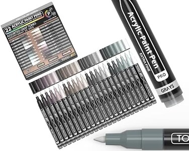 TOOLI-ART Acrylic Paint Pens Gray Tones 22 Assorted Pro Color Series Grey Markers Set 0. 7mm Extra Fine Tip for Rock Painting, Glass, Mugs, Wood, Metal, Canvas, DIY Projects, Non Toxic, Waterbased, Qu