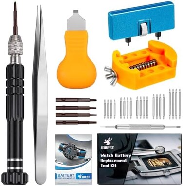 Jorest Watch Battery Replacement Kit, Watchmaker Repair Screwdriver, Watch Opening Tool, Watch Strap Replacement,Watch Back Remover, Watch Case Opener, Watch Back Remover Holder, Spring bar, Tweezers.