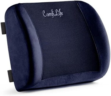 ComfiLife Lumbar Support Back Pillow Office Chair and Car Seat Cushion - Memory Foam with Adjustable Strap and Breathable 3D Mesh (Navy.