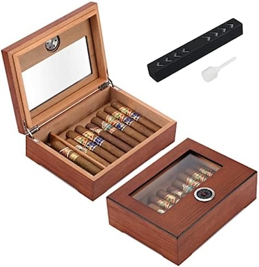 TISFA Cigar Humidor, Glass Top Cigar Box with Hygrometer Humidifier and Divider, Desktop Cedar Wood Storage Case Holds 20-30 Cigars.
