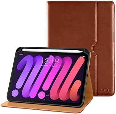 غطاء DTTO لجهاز iPad Mini من الجيل السابع/السادس 8.3 بوصة 2024/2021، غطاء جلدي فاخر للأعمال مع حامل لجهاز iPad Mini 7 (A17 Pro/ Mini 6) مع حامل قلم - زوايا عرض متعددة، بني.