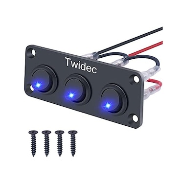 Twidec/3 Gang Rocker Toggle Switch Panel With 12V DC Round Dot Lighted 20A 3 Pins ON/OFF SPST Switch Control For Car Or Boat Blue LED Light KCD2-102N-BU-XBZ.