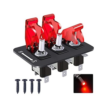 Twidec/3 Gang Rocker Toggle Switch Panel with 12V LED Light Toggle Switch 20A Heavy Duty Racing Car SPST 3Pin ON/Off Red LED Illuminated Switch Plate and Red Waterproof Safety Cover ASW-07DRRMZ-BZ.