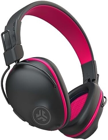 JLab JBuddies Pro Wireless Over-Ear Kids Headphones, 35Hour Battery Life, Built-in Volume Regulators for Safety, Share Mode, Folding, Adjustable, Noise Isolation, with Mic, Pink.