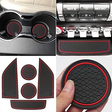 Auprite Non-Slip Anti-Dust Mats for Ford Mustang Accessories 2015-2022, Custom Fits Cup Holder Liners Mats Door Pocket Center Console Liners (5Pcs Set, Red Trim.