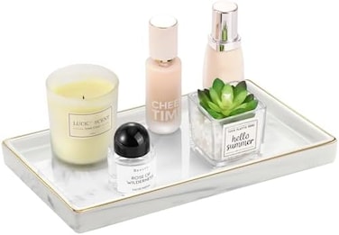 Luxspire Bathroom Vanity Tray, Golden Rimmed Jewelry Organizer rectangle Ceramic Tray, Kitchen Countertop Ring Dish Holder Cosmetic Organizer plate for Candles Perfume Home D&eacute;cor, Medium, Marble White
